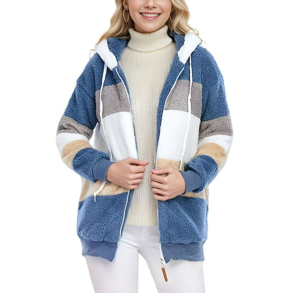 SWSMCLT Women's Fuzzy Hoodie Thermal Long Sleeve Outerwear Fashion Winter Fleece Jacket Full Zip Drawstring Soft Fall Cute Blue XX-Large