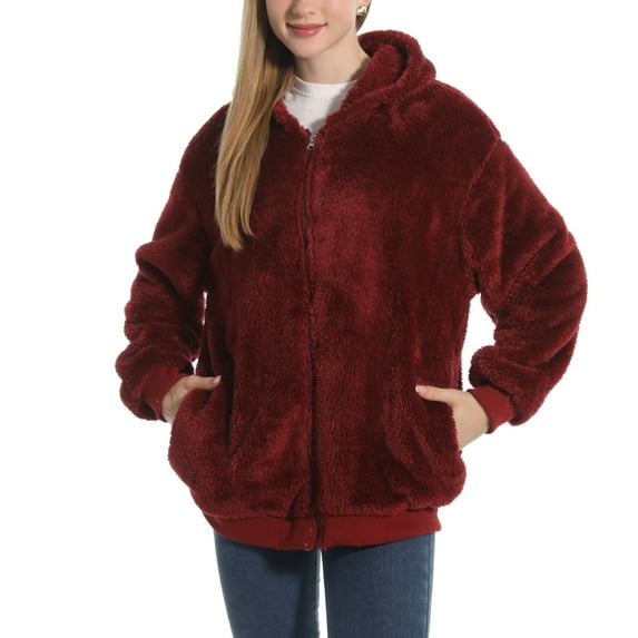 SWSMCLT Women's Fuzzy Jacket Hood Thermal Pocket Fleece Coat Long Sleeve Hoodie Outerwear Cute Full Zip Zipper Burgundy Large