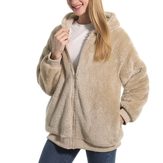 SWSMCLT Women's Fuzzy Jacket Hood Thermal Pocket Fleece Coat Long Sleeve Hoodie Outerwear Cute Full Zip Zipper Khaki X-Large