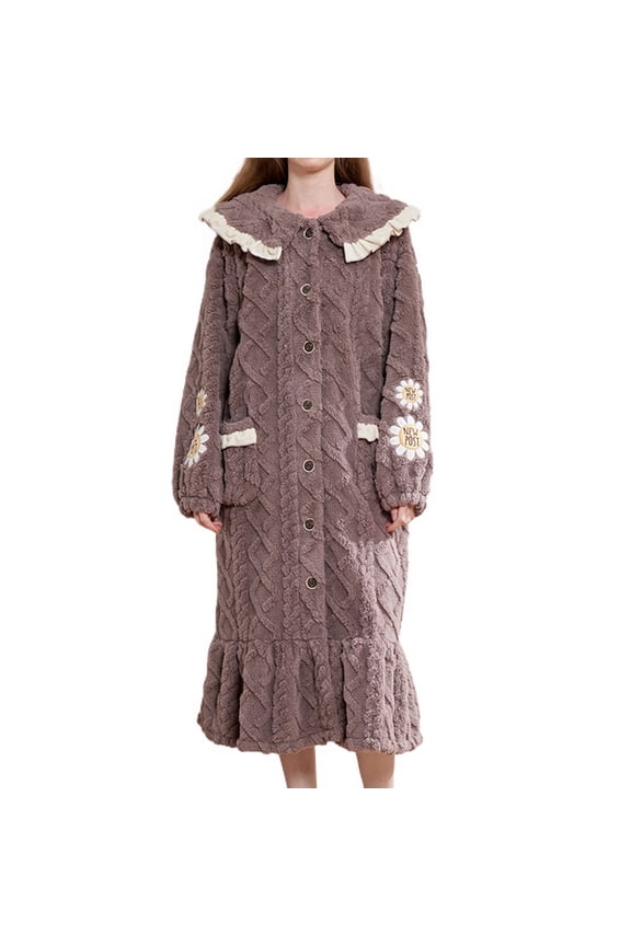 Women's Fuzzy Plush Robe Winter Soft Button Up Housecoat Floral Warm Fluffy Fleece Ruffle Long Sleeve Nightgown Cute Cozy Duster Robe Loungewear Coffee X-Large