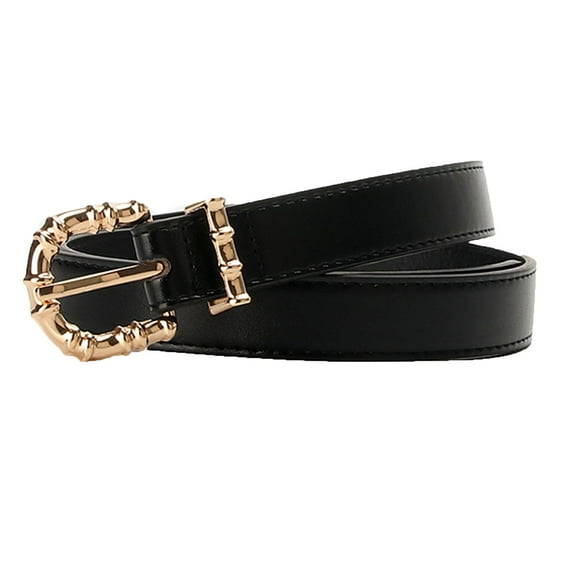 SWSMCLT Women's Gold Tone Metal Buckle Travel Work Faux Leather Belt For Dress Jeans Casual Spring Thin Skinny Belt Black One Size