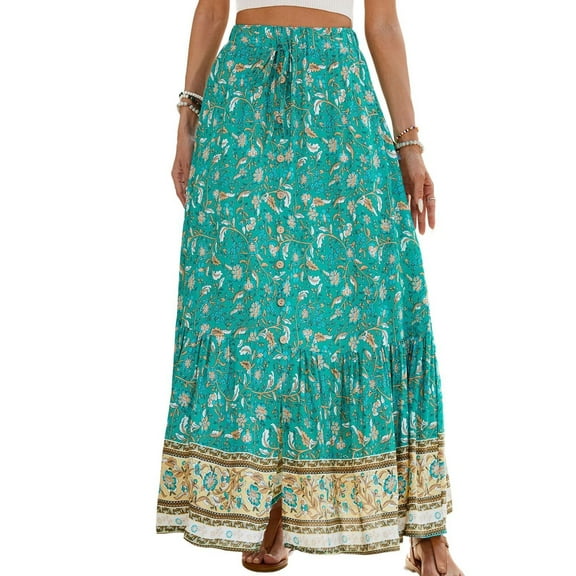 SWSMCLT Women's Gypsy Skirt Pleated Mid Rise Spring Aline Button Casual Elastic Ankle Length Summer Elastic Waist Green 8