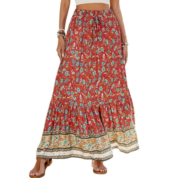 SWSMCLT Women's Gypsy Skirt Pleated Mid Rise Spring Aline Button Casual Elastic Ankle Length Summer Elastic Waist Red 8