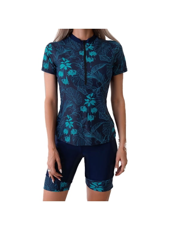 Women's Half Zip Up Rash Guard 2 Piece Surfing Scuba Diving Modest Short Sleeve Board Shorts Printed Zipper Front Bathing Suit Padded Bra Navy 0-2