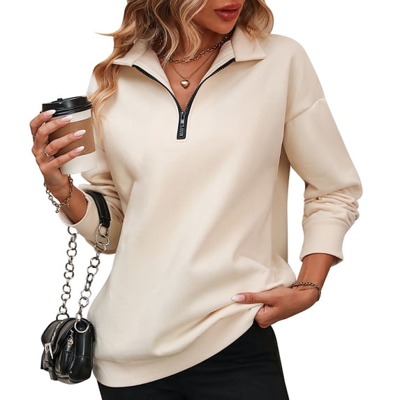 SWSMCLT Women's Half Zip Sweatshirt Thermal Long Sleeve High Neck Polar Fleece Sweat Shirt Zip Top Fall Fashion Apricot X-Large