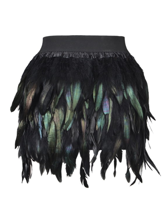 Women's Halloween Tutu Skirts Mardi Gras Feather Skirt Iridescent Belly Dance Mini Tulle Fringe Gothic Skirt Black Small