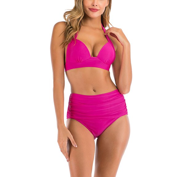 SWSMCLT Women's Halter Bathing Suit Beach Swimming Sexy Trendy Spandex Padded Bikini Swimsuit Mid Rise Summer Rose Small
