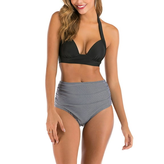 SWSMCLT Women's Halter Bathing Suit Sexy Swimsuit Beach Swimming Mid Rise Swimwear Padded Open Back Trendy Black Striped X-Large