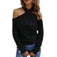 thumbnail image 1 of SWSMCLT Women's Halter Casual Fitted Cold Shoulder V Neck Sweater Soft Top Knit Spring Winter Pullover Black X-Large, 1 of 4