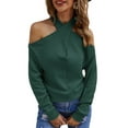 thumbnail image 1 of SWSMCLT Women's Halter Casual Fitted Cold Shoulder V Neck Sweater Soft Top Knit Spring Winter Pullover Dark Green X-Large, 1 of 4
