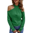 thumbnail image 1 of SWSMCLT Women's Halter Casual Fitted Cold Shoulder V Neck Sweater Soft Top Knit Spring Winter Pullover Green Large, 1 of 4