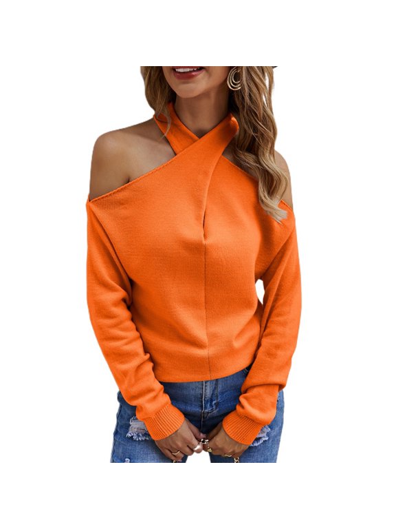 Women's Halter Casual Fitted Cold Shoulder V Neck Sweater Soft Top Knit Spring Winter Pullover Orange Medium