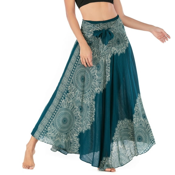 SWSMCLT Women's Handkerchief Maxi Boho Skirt Ladies Midi Summer Dress Casual Sundress Gypsy Hippie Swing Pleated Long Beach Skirts Asymmetric Flowy Billowy Patterned3 Teal Blue Small-Large