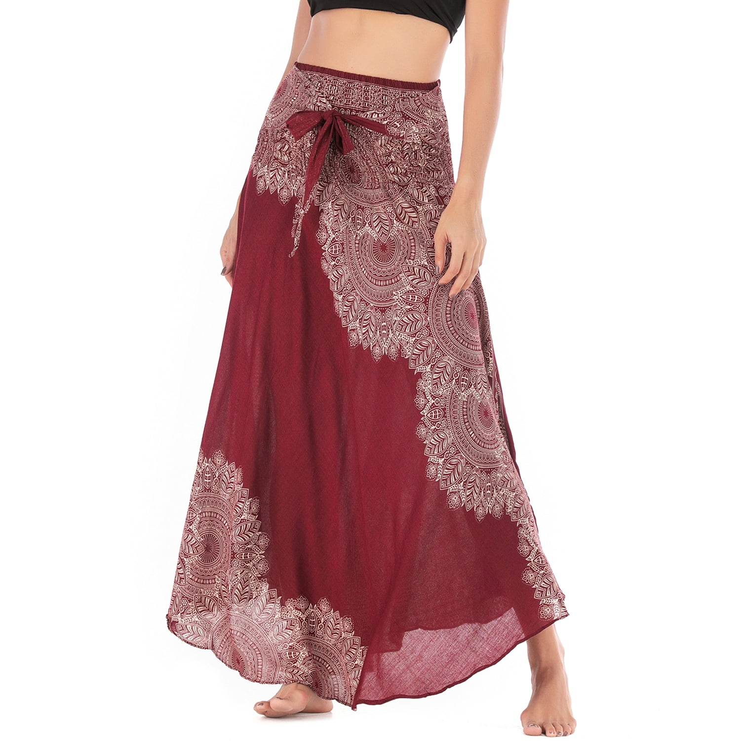 SWSMCLT Women s Handkerchief Maxi Boho Skirt Ladies Midi Summer Dress Casual Sundress Gypsy Hippie Swing Pleated Long Beach Skirts Asymmetric Flowy Billowy Patterned2 Burgundy Red Small Large Walmart....