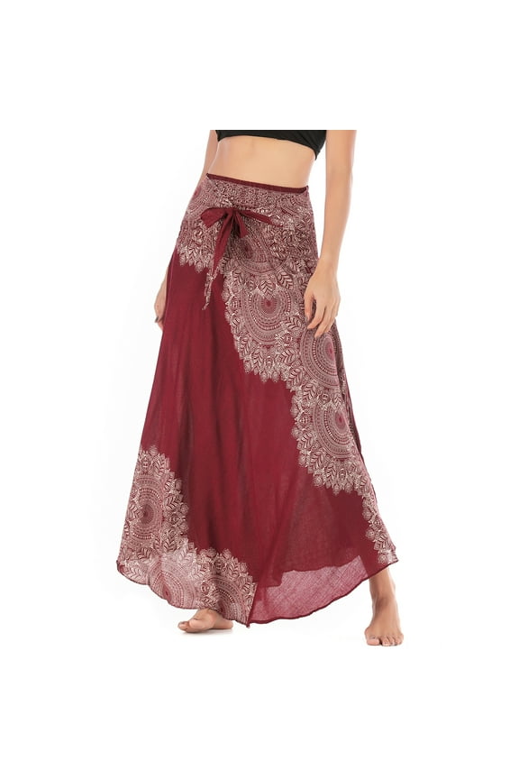 Women's Handkerchief Maxi Boho Skirt Ladies Midi Summer Dress Casual Sundress Gypsy Hippie Swing Pleated Long Beach Skirts Asymmetric Flowy Billowy Patterned2 Burgundy Red Small-Large