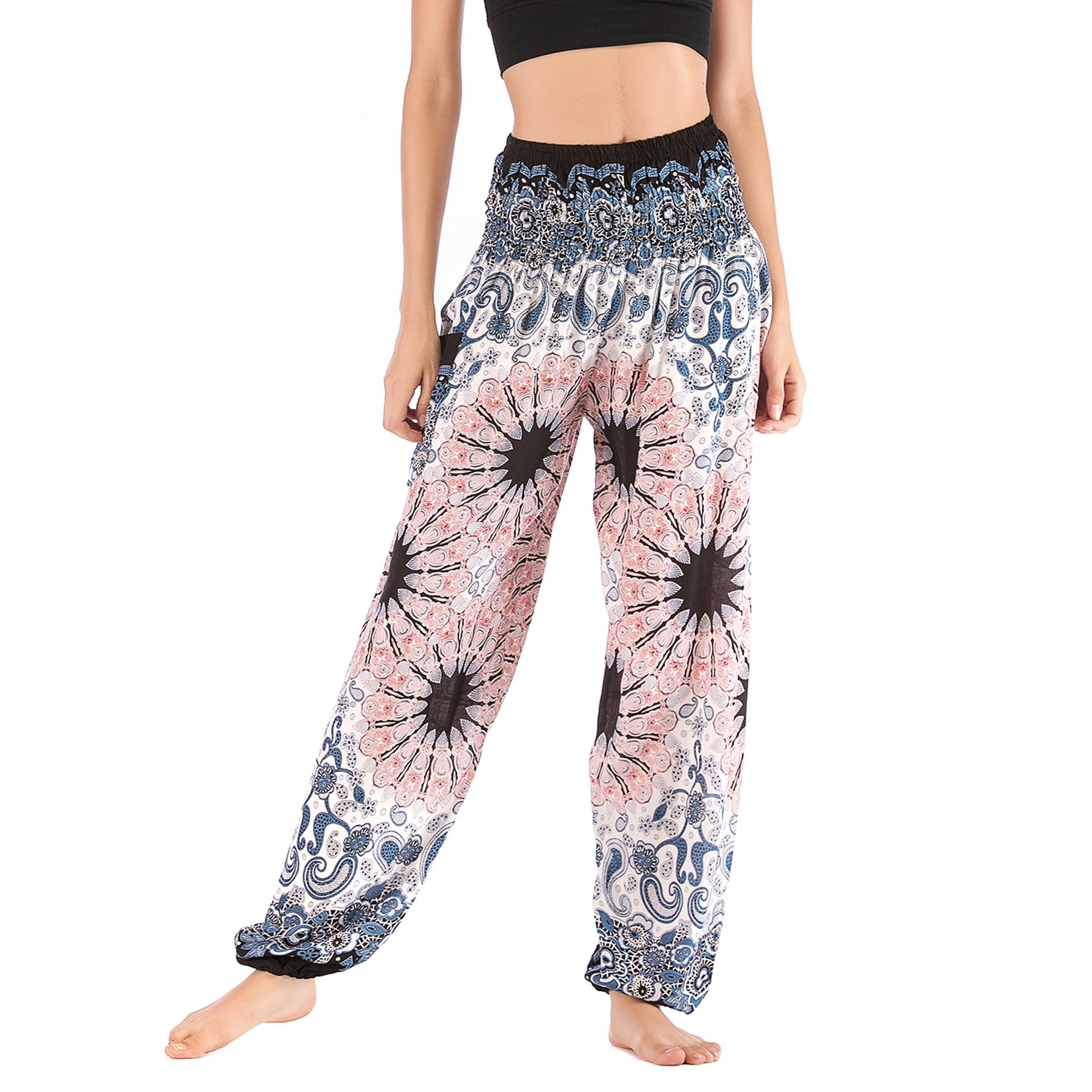 Cotton Casual Blossoming Tree Koi Fish Wave Mountain Pattern Women's Elastic Waist Harem Pants