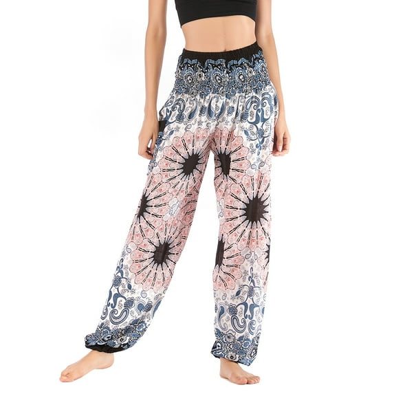 SWSMCLT Women's Harem Boho Pants Casual Soft Thailand Tribal High Waisted Yoga Hippie Joggers Elastic Trousers Lightweight Summer Genie Beach Pants Smocked Waist Loose Comfy Floral Navy One Size