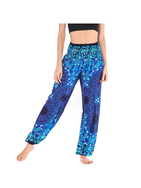Women's Harem Boho Pants Casual Soft Thailand Tribal High Waisted Yoga Hippie Joggers Elastic Trousers Lightweight Summer Genie Beach Pants Smocked Waist Loose Comfy Blue One Size