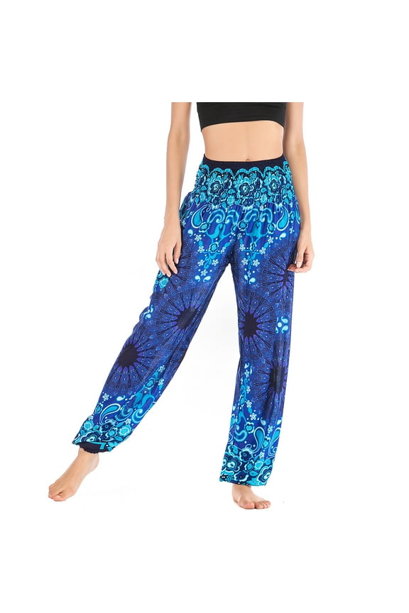 Women's Harem Boho Pants Casual Soft Thailand Tribal High Waisted Yoga Hippie Joggers Elastic Trousers Lightweight Summer Genie Beach Pants Smocked Waist Loose Comfy Blue One Size