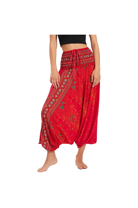 Women's Harem Yoga Pant Baggy Boho Jumpsuit Beach Drawstring Pant Bloomers Smocked Waist Bohemian Jumper Hippie Romper Balloon Dance Red One Size