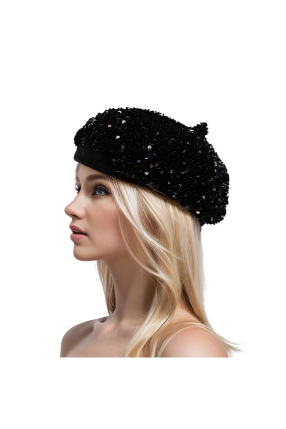 Women's Hat Fall Beret Mardi Gras Hat Party Sequin Fashion Spring Las Vegas Disco Cap Metallic Stretch Black One Size