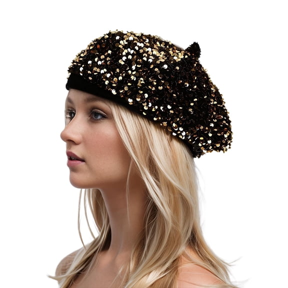 SWSMCLT Women's Hat Fall Beret Mardi Gras Hat Party Sequin Fashion Spring Las Vegas Disco Cap Metallic Stretch Golden One Size