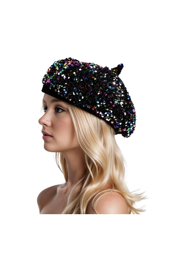 Women's Hat Fall Beret Mardi Gras Hat Party Sequin Fashion Spring Las Vegas Disco Cap Metallic Stretch Multicolored One Size