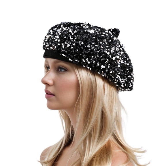 SWSMCLT Women's Hat Fall Beret Mardi Gras Hat Party Sequin Fashion Spring Las Vegas Disco Cap Metallic Stretch Silver One Size