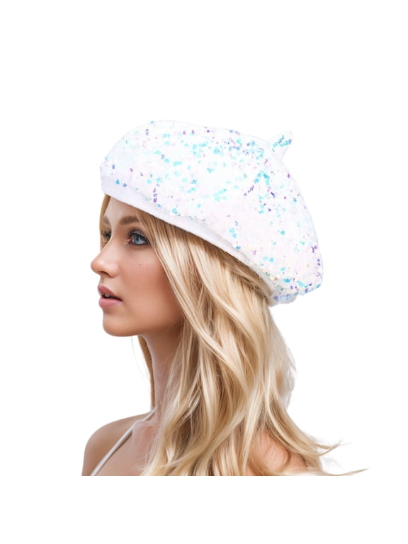 Women's Hat Fall Beret Mardi Gras Hat Party Sequin Fashion Spring Las Vegas Disco Cap Metallic Stretch White One Size