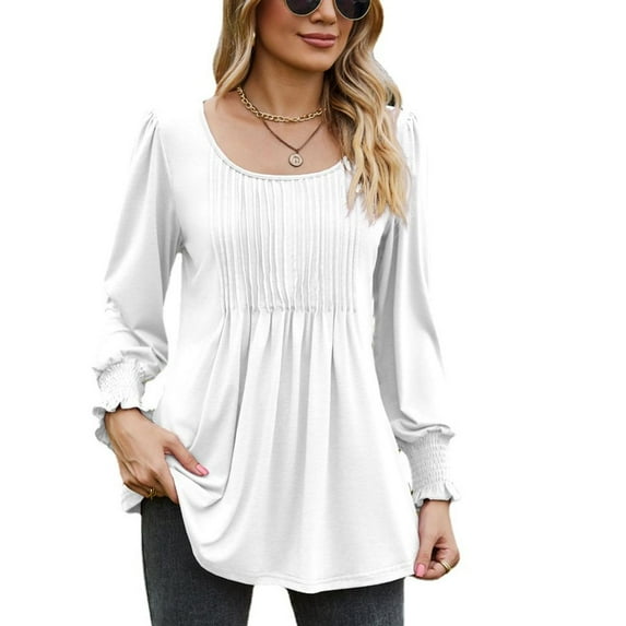 SWSMCLT Women's High Shirt Long Sleeve Top Ruched Blouse Fashion Babydoll Scoop Neck Date Night Fall Winter White XX-Large
