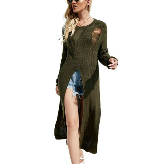 SWSMCLT Women's High Slit Cutout Distressed Long Ripped Dress Casual Long Sleeve Ribbed Knit Spring Fall Fashion Knitwear Dark Green Medium