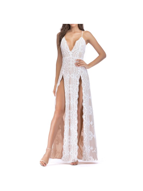 Women's High Slit Maxi Dress Deep Homecoming Hoco Long Evening Gown Floral Slit Wedding Sexy V Neck Backless Sequin Cocktail Bridesmaid Party Full-Length White 6