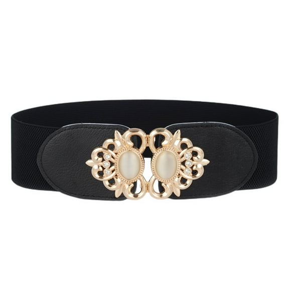 SWSMCLT Women's High Waist Belt for Dress Beaded Faux Leather Jeweled Belt Ladies Stretch Elastic Fashion Casual Graduation Party Date Night Dress Belt with Metal Buckle Black One Size