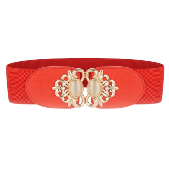 SWSMCLT Women's High Waist Belt for Dress Beaded Faux Leather Jeweled Belt Ladies Stretch Elastic Fashion Casual Graduation Party Date Night Dress Belt with Metal Buckle Red One Size