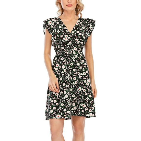 SWSMCLT Women's High Waist Casual Holiday Dresses Summer Sleeveless Ruffle Dress Short Sundress Midi Fall Ruffle Cute Birthday Black White Large