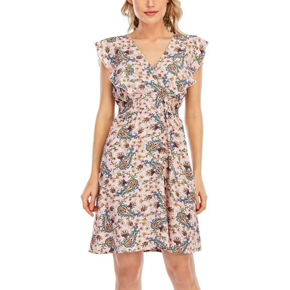 SWSMCLT Women's High Waist Casual Holiday Dresses Summer Sleeveless Ruffle Dress Short Sundress Midi Fall Ruffle Cute Birthday Pink Large