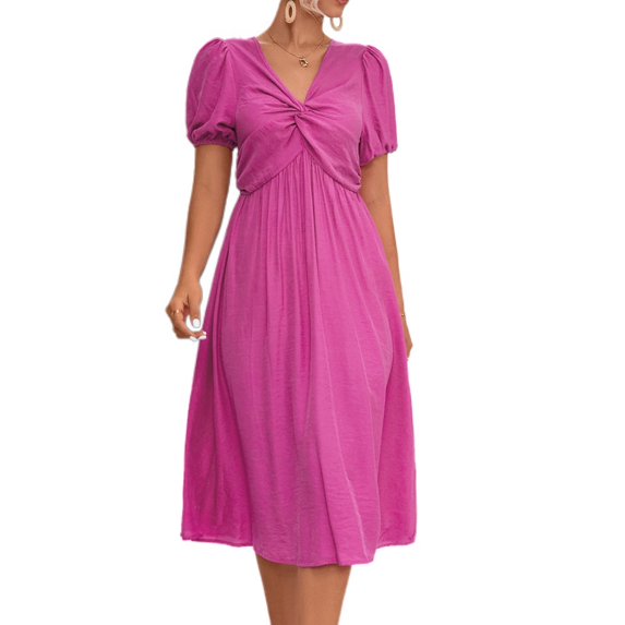 SWSMCLT Women's High Waist Cute Summer Ruched Long Dress V Neck Sundress Short Sleeve Fashion Lantern Sleeve Dresses Rose Large