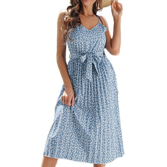 SWSMCLT Women's High Waist Midi Chiffon Sexy Dresses Holiday Dress Summer Ruched Cami V Neck Spring Sundress Blue Small