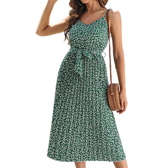 SWSMCLT Women's High Waist Midi Chiffon Sexy Dresses Holiday Dress Summer Ruched Cami V Neck Spring Sundress Green X-Large