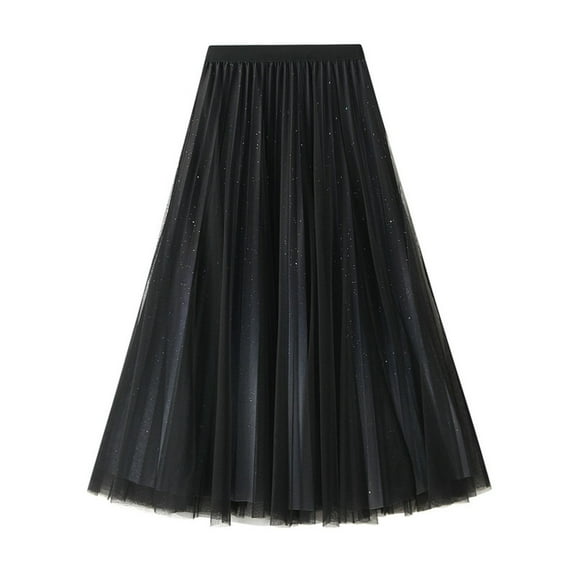 SWSMCLT Women's High Waist Tulle Skirt Mesh Soft Casual Winter Pleated Skirt Vintage Fall A Line Layered Sequin Black Small-Large