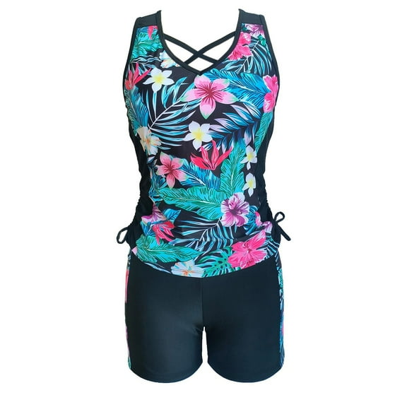 SWSMCLT Women's High Waisted Bathing Suit Boyshort Tight Tankini Modest Swimsuit Hawaiian Padded Short Black 14