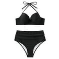 thumbnail image 1 of SWSMCLT Women's High Waisted Bikini Set Solid 2 Piece Halter Slimming Tummy Control Bathing Suit Deep V Neck Underwire Beach Ruched Black 12, 1 of 1
