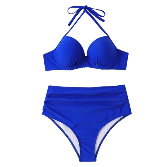 SWSMCLT Women's High Waisted Bikini Set Solid 2 Piece Halter Slimming Tummy Control Bathing Suit Deep V Neck Underwire Beach Ruched Royal Blue 8-10
