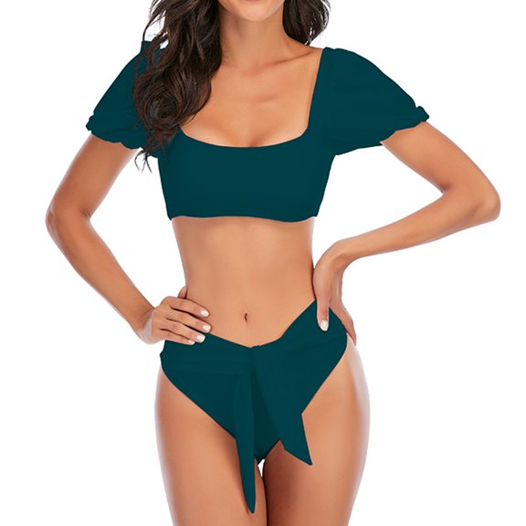 SWSMCLT Women's High Waisted Bikini Swimsuits Bandeau Tie Up Sexy Boat Neck Slimming Beach Swim Swimming 2 Piece Bathing Suit Puff Sleeve Swimwear Green Small