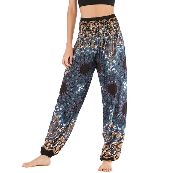 SWSMCLT Women's High Waisted Harem Yoga Pant Boho Floral Printed Beach Pant Bohemian Cinched Bottom Jogger Hippie Smocked Waisted Black One Size