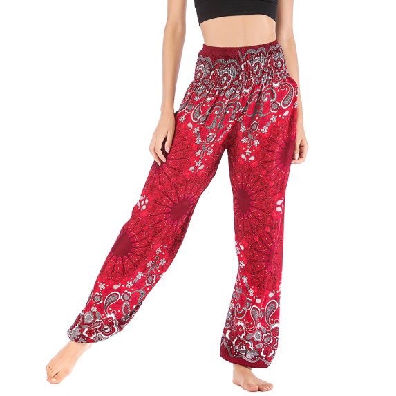 SWSMCLT Women's High Waisted Harem Yoga Pant Boho Floral Printed Beach Pant Bohemian Cinched Bottom Jogger Hippie Smocked Waisted Burgundy One Size