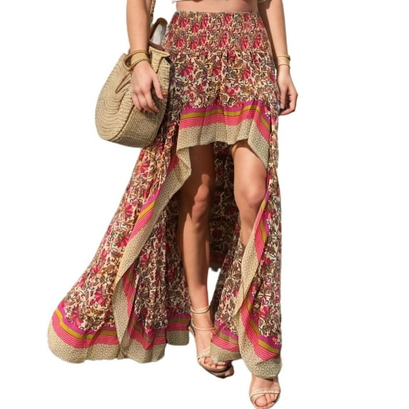 SWSMCLT Women's High Waisted Long Skirt Pleated Holiday Gypsy Boho Skirts Elastic Waist High Low Summer Beach Hawaiian Flowy Red Medium