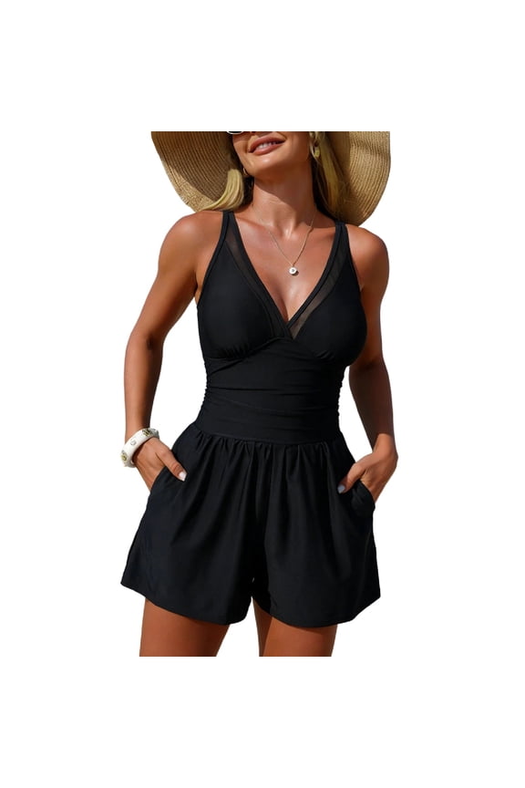 Women's High Waisted One Piece Bathing Suit Padded Swimsuit Boyshort Beach Ruched Backless Soft Swimsuit Black Large
