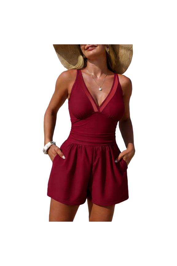 Women's High Waisted One Piece Bathing Suit Padded Swimsuit Boyshort Beach Ruched Backless Soft Swimsuit Burgundy XX-Large