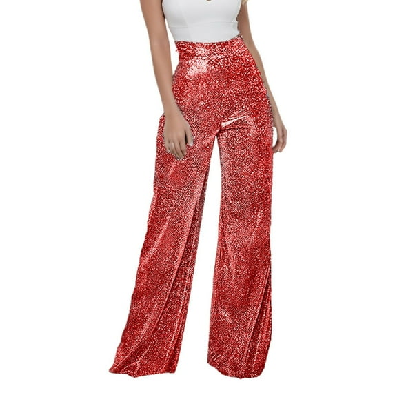 SWSMCLT Women's High Waisted Pants Wide Leg Palazzo Casual Metallic StretchSoft Trousers Long Casual Pants Red Small